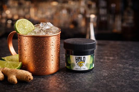 THC ginger mule made with Halo Drink Mix in a copper mug