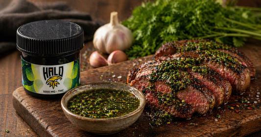 THC chimichurri sauce made with Halo Drink Mix served alongside grilled steak