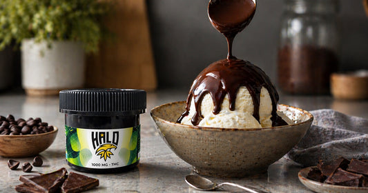 THC chocolate shell topping made with Halo Drink Mix on vanilla ice cream