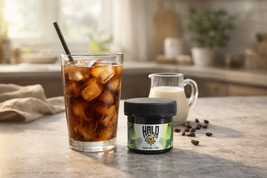 THC cold brew coffee made with Halo Drink Mix served over ice