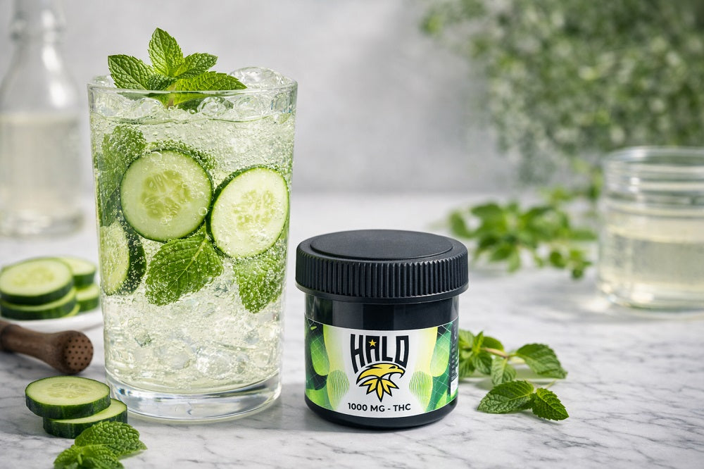 THC cucumber mint cooler made with Halo Drink Mix