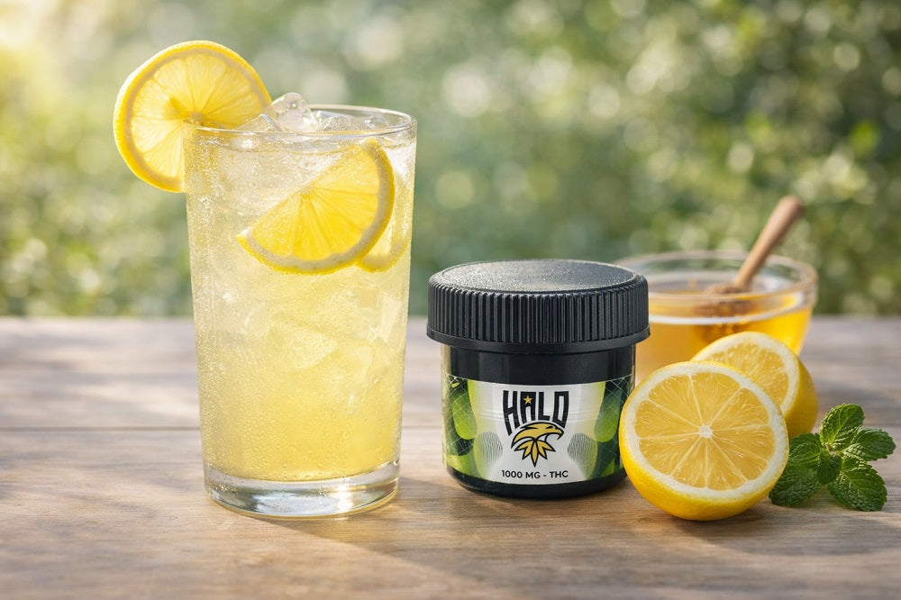 Fresh THC lemonade made with Halo Drink Mix served over ice outdoor