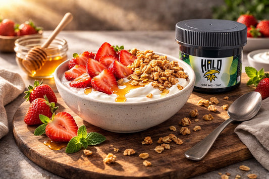 THC yogurt bowl made with Halo Drink Mix topped with strawberries and granola