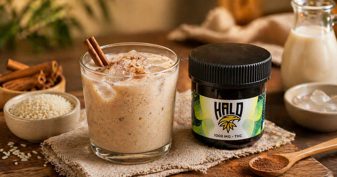 THC horchata made with Halo Drink Mix, served over ice with cinnamon