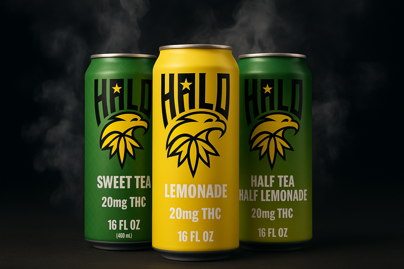 Three Halo THC-infused beverage cans in green and yellow on a dark background